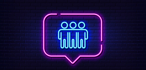 Neon light speech bubble. Friendship line icon. Friends group sign. Assistance business symbol. Neon light background. Friendship glow line. Brick wall banner. Vector