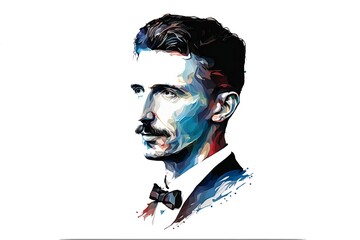 Nikola Tesla portrait in a modern style, blue colors