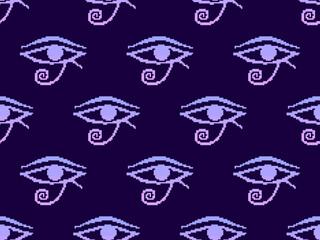 Eye of Horus in pixel style seamless pattern. Pixelated Eye of Ra. Style of 8-bit retro games from the 80s and 90s. Design for app, banner and poster. Vector illustration