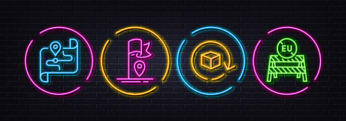 Return package, Map and Flag minimal line icons. Neon laser 3d lights. Eu close borders icons. For web, application, printing. Exchange goods, Journey road, Location pointer. Vector