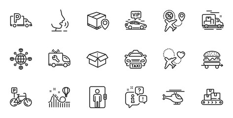 Outline set of Vip transfer, Logistics network and Elevator line icons for web application. Talk, information, delivery truck outline icon. Vector