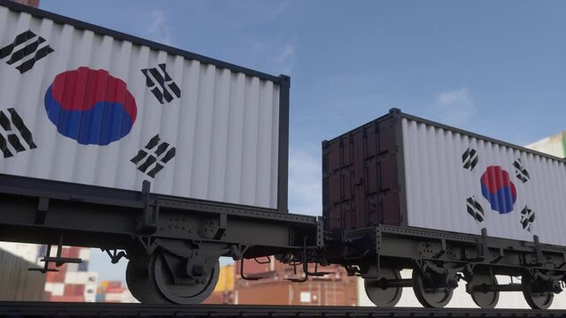 Containers with the flag of South Korea. Railway transportation