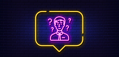 Neon light speech bubble. Question mark line icon. Support consultant sign. Neon light background. Support consultant glow line. Brick wall banner. Vector