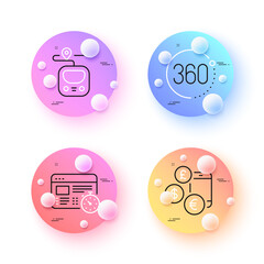 Web timer, Currency rate and 360 degrees minimal line icons. 3d spheres or balls buttons. Metro icons. For web, application, printing. Online test, Online exchange, Full rotation. Vector