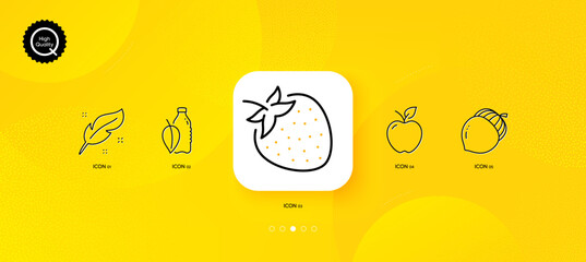 Fototapeta na wymiar Apple, Strawberry and Water bottle minimal line icons. Yellow abstract background. Acorn, Feather icons. For web, application, printing. Fresh fruit, Mint leaf drink, Oaknut. Nib pen. Vector