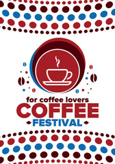 Coffee Festival. For coffee lovers. Event for professionals in the coffee industry. Cafes, restaurants and coffee roasters. Trainings for baristas from staff schools. Creative Illustration. Vector
