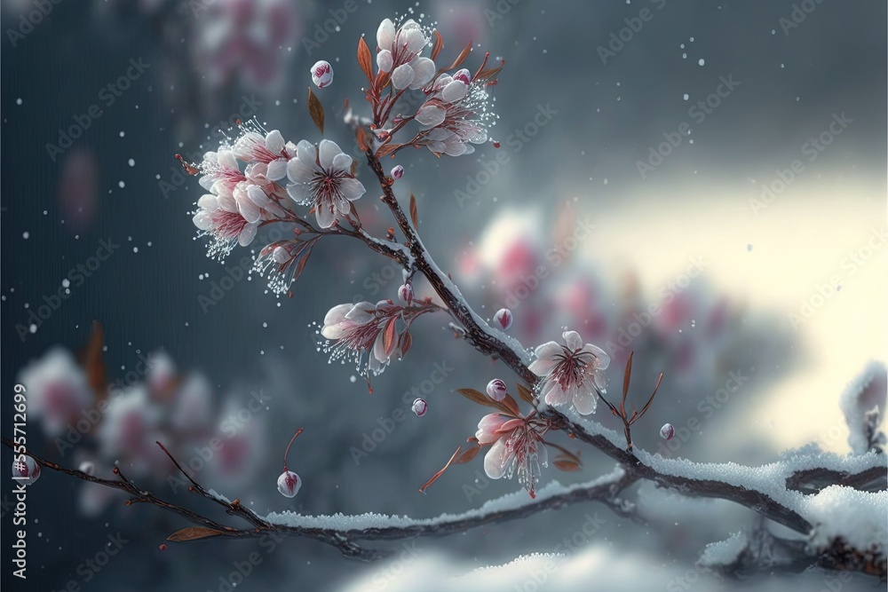 Poster a branch with flowers is covered in snow and snow flakes are falling on it and the sky is dark., gen