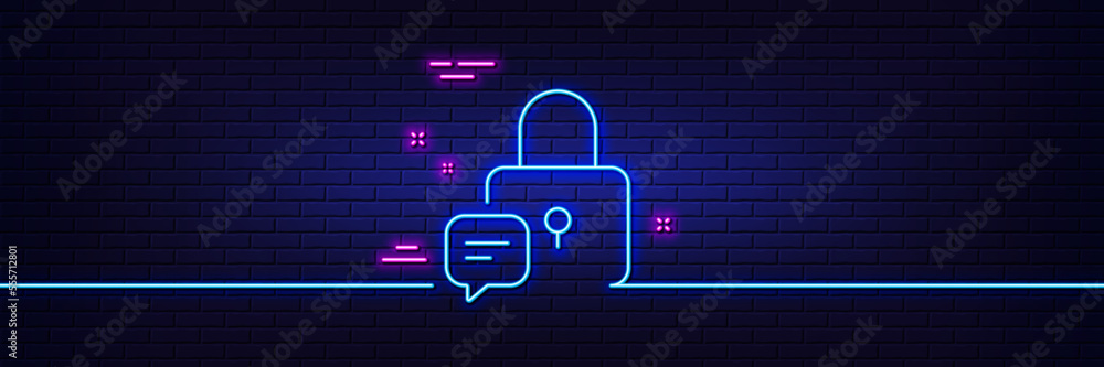 Poster neon light glow effect. lock line icon. padlock with chat bubble sign. message protection symbol. 3d