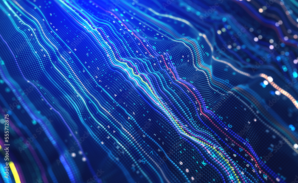 Poster Open data. A neural stream of terabytes of data. 3d illustration of wavy cyberspace bubbles