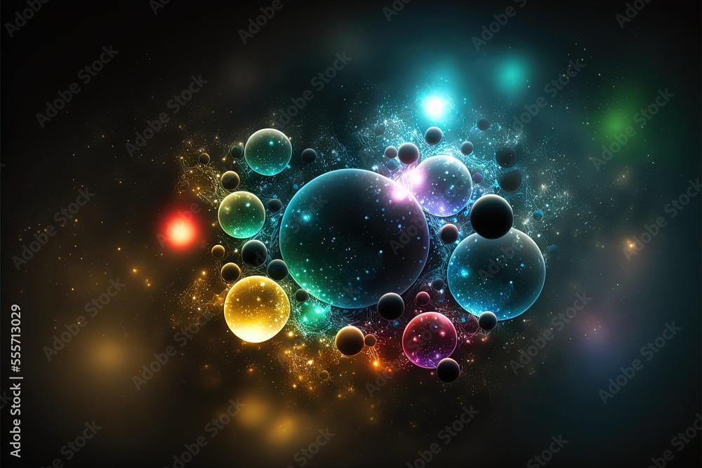 Poster a colorful background with a lot of bubbles and stars in it., generative ai