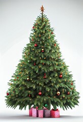Fototapeta premium Christmas Tree Ornaments Lights Presents Vertical Flat White Background Image
