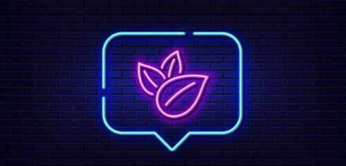 Neon light speech bubble. Organic product line icon. No artificial colors sign. Natural flavors symbol. Neon light background. Organic product glow line. Brick wall banner. Vector