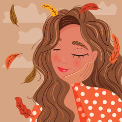 Beautiful brunette girl leaning on her hand with closed eyes, daydreaming, with autumn leaves falling and clouds. Colorful illustration. Vector.
