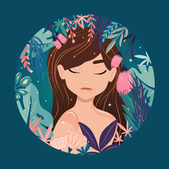 Beautiful brown haired girl with closed eyes, surrounded by exotic plants, in her own bubble. Colorful illustration. Vector.