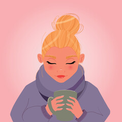 Beautiful blond girl with a messy bun holding a cup in a cozy sweater. Winter scene. Colorful illustration. Vector.