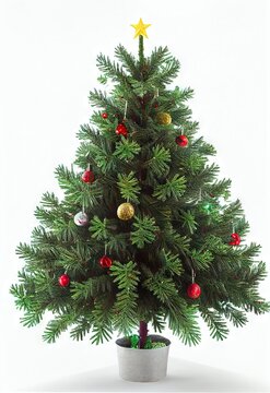 Christmas Tree Ornaments Lights Presents Vertical Flat White Background Image