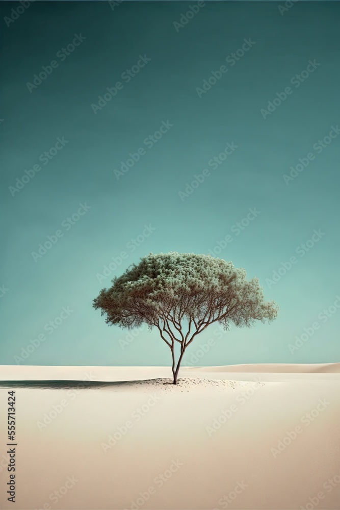Poster a lone tree in the middle of a desert landscape with a blue sky in the background and a small patch 