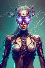 A cyborg woman with wires from her torso.