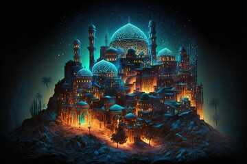 Fototapeta premium Fairy-tale Arabian night city with towers and mussels. Night neon oriental city. Fantasy urban arabic landscape. AI