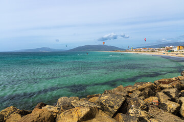 El Foso bay with kitesurfers. Tarifa, Andalusia, Spain.