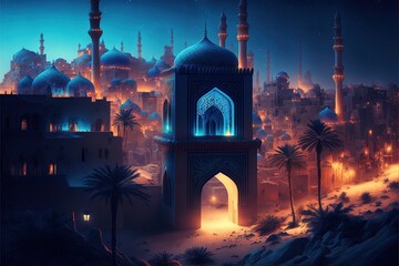 Fairy-tale Arabian night city with towers and mussels. Night neon oriental city. Fantasy urban arabic landscape. AI - obrazy, fototapety, plakaty