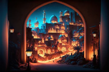 Foto op Plexiglas Fairy-tale Arabian night city with towers and mussels. Night neon oriental city. Fantasy urban arabic landscape. AI © MiaStendal