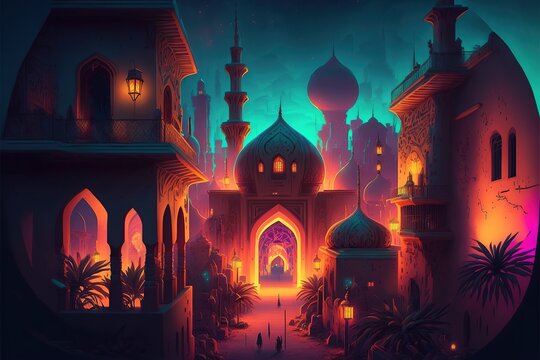Fairy-tale Arabian night city with towers and mussels. Night neon oriental city. Fantasy urban arabic landscape. AI