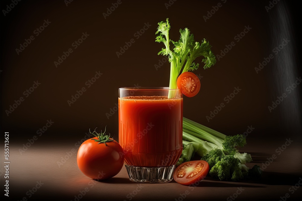 Aufkleber a glass of tomato juice with a green stalk sticking out of it and tomatoes and celery on the side., 