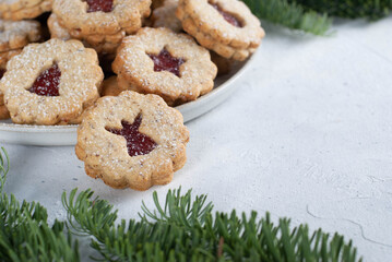 Shortcrust pastry Christmas cookies, Linzer cookies, biscuits with jam.