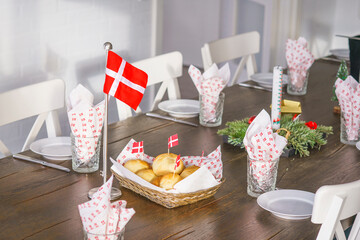 Traditional danish birthday table with flags