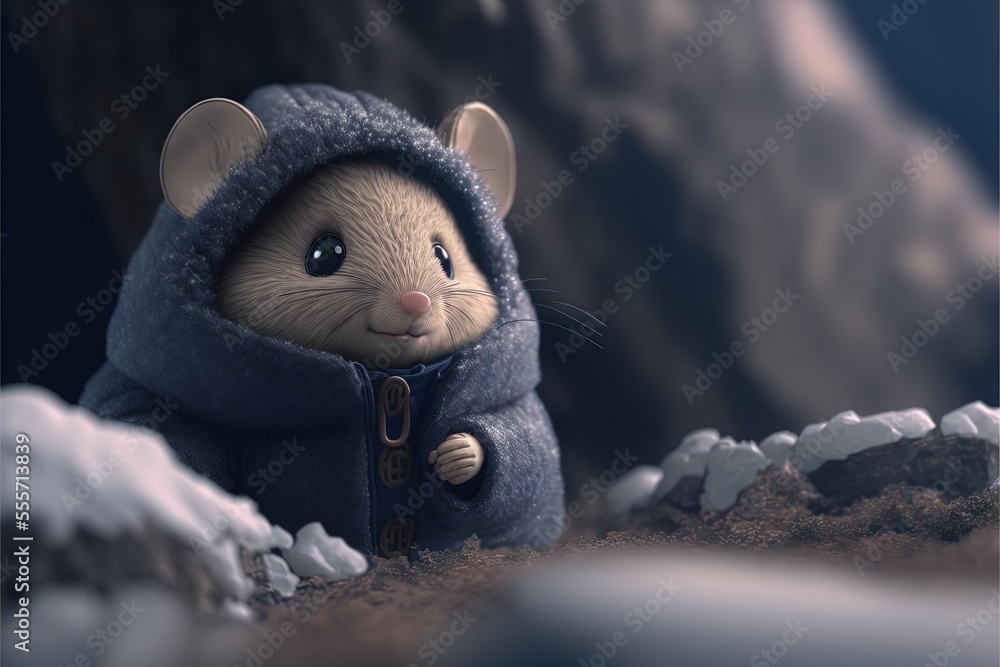 Poster a cartoon mouse in a hooded jacket standing in a snowy landscape with mountains in the background an