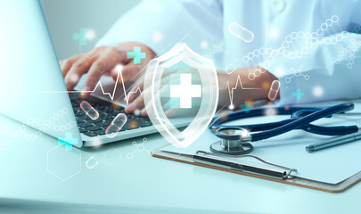 Medical and healthcare insurance concept. illustration of healthcare insurance symbol on doctor's...
