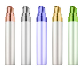 Small airless pump face skin serum essence bottle. Dispenser tube blank for liquid beauty care product. Face foundation flacon with silver and gold dropper cap, vector illustration for label