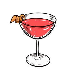 Red color cocktail in glass hand drawn colorful cartoon sketch style.