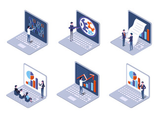 isometric illustration of business people shaking hands for contract on laptop,business person with chart	