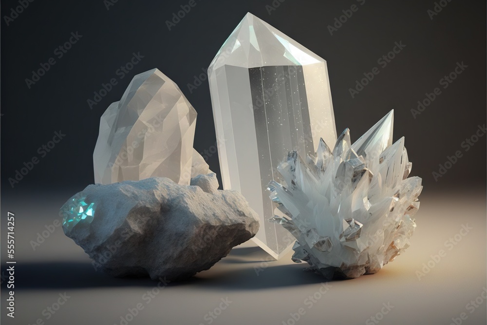 Poster three crystal rocks with a green light shining on them and a rock with a crystal on top of it., gene