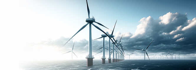 Offshore and onshore windmill park ,Windmill farm green energy at sea,Windmill turbines by the ocean

