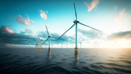 Offshore and onshore windmill park ,Windmill farm green energy at sea,Windmill turbines by the ocean
