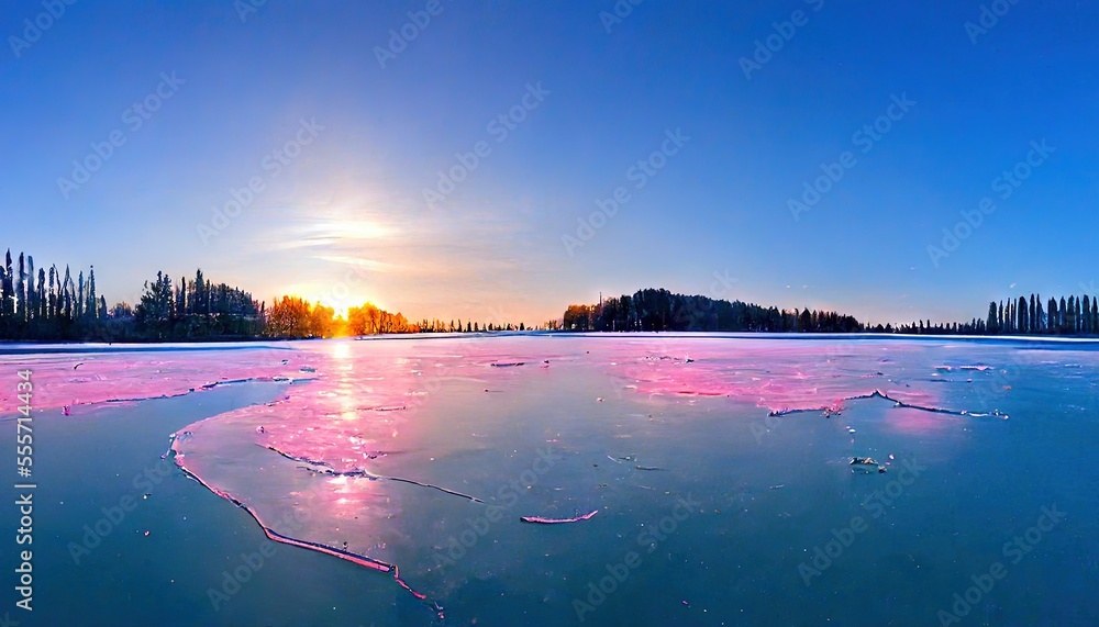 Poster a frozen lake with the sun setting in the background and trees in the foreground., generative ai, ge