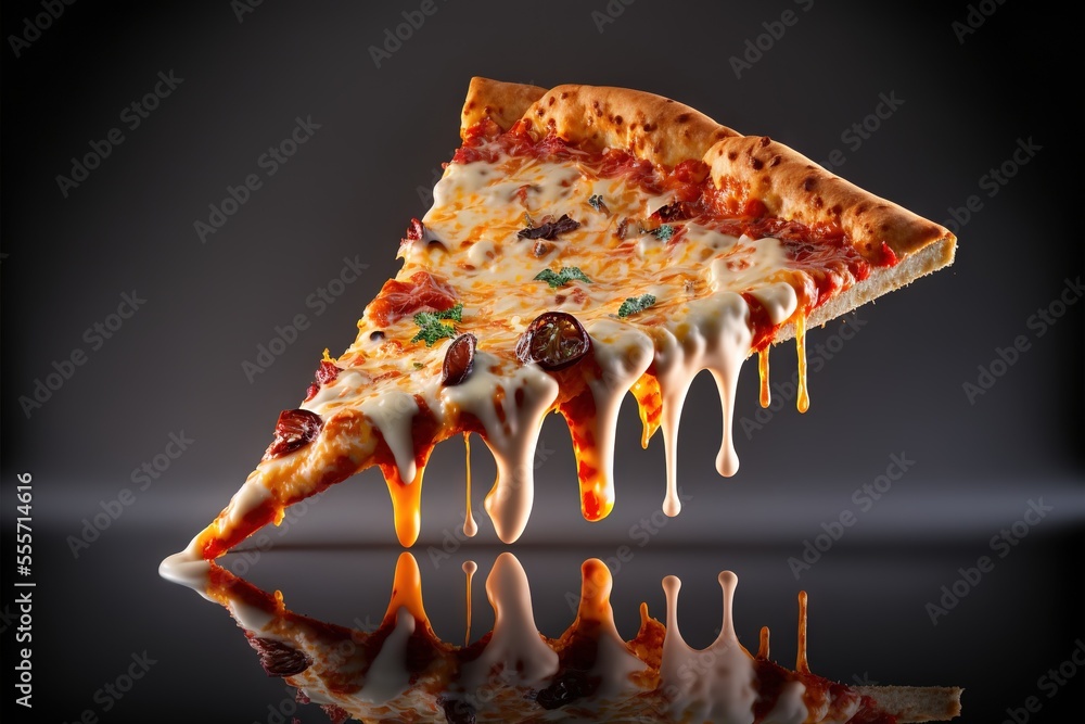 Poster a slice of pizza with cheese and toppings on a black background with a reflection of the pizza on th