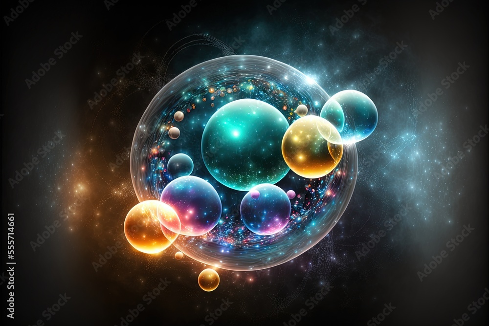 Poster a group of bubbles floating in the air with stars in the background and a black background with a bl