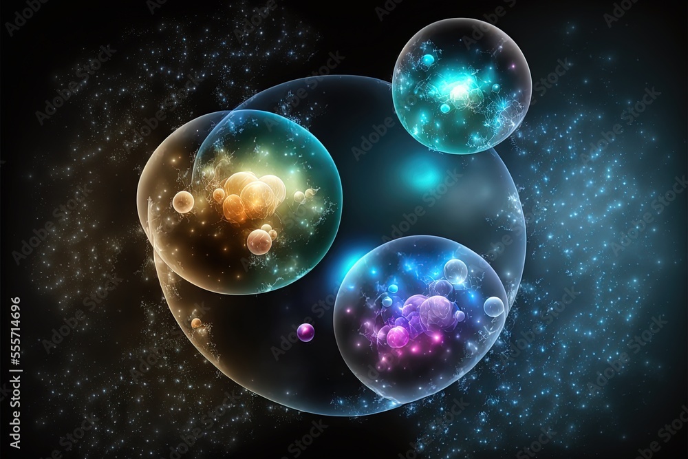 Poster a group of bubbles floating in the air with stars in the background and a black background with a bl