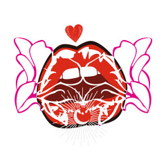 design for t-shirt of a sensual red mouth with linear flowers on a white background.
