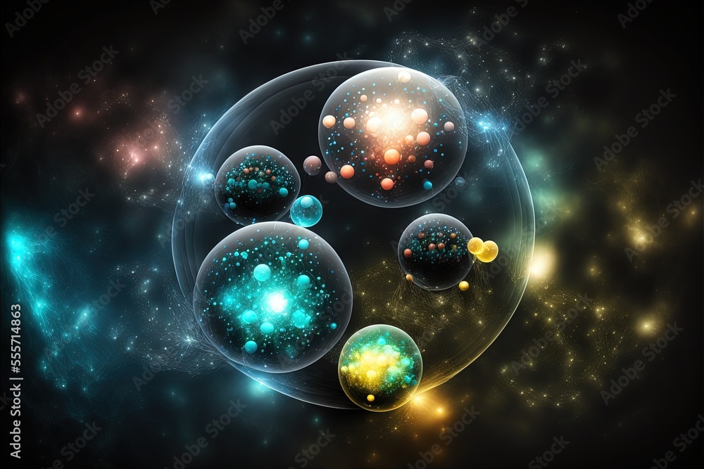 Poster a group of bubbles floating in the air with stars in the background and a black background with a bl