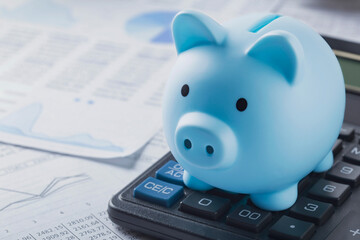 pig money box for money on background with calculator and financial charts. Investment and capital accumulation concept