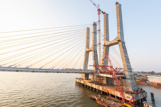 Cortalim, Goa - India - Dec 22nd 2022: New Zuari Bridge will be inaugurated on 29th December 2022 by Mr. Nitin Gadkari. Twin 4 Lane Zuari Bridge undertaken by Dilip Buildcon Ltd.