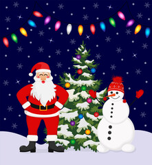 A company of cheerful Santa Claus and a happy snowman on the background of a Christmas tree and bright lights. Merry Christmas and Happy New Year