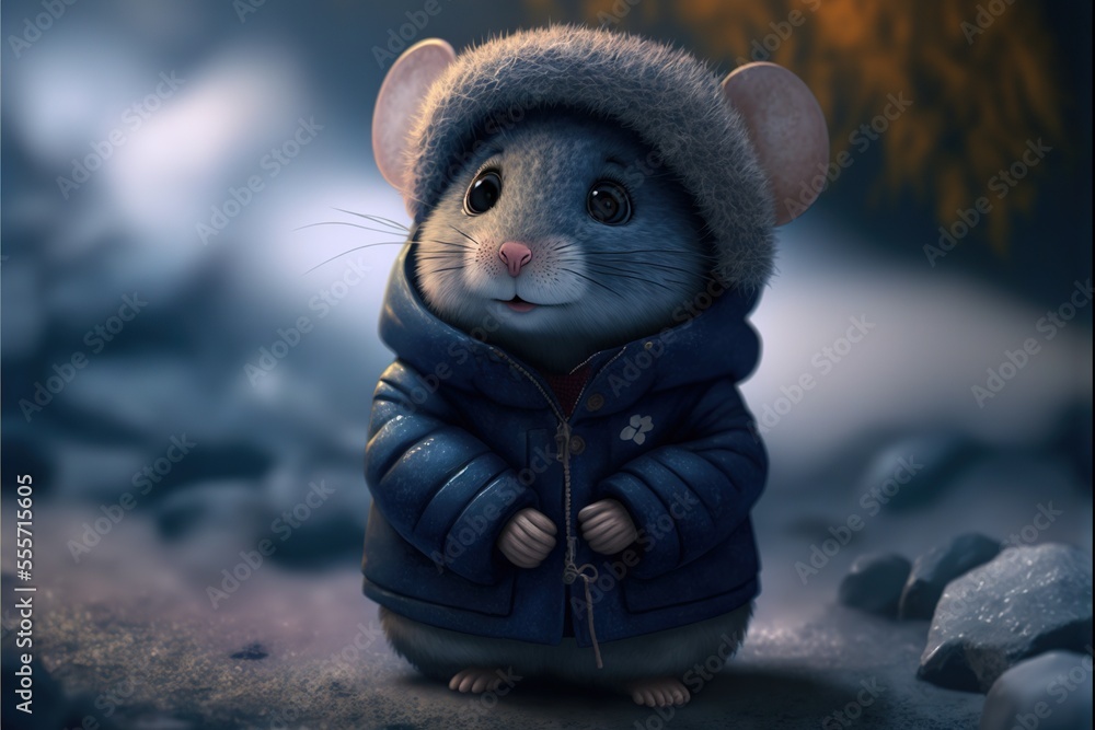 Poster a mouse in a blue jacket standing on a rock covered ground with a tree in the background and a yello