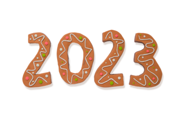 Gingerbread cookies in the form of numbers 2023 handmade from plasticine, on a white background. New year concept, top view. New Years food concept