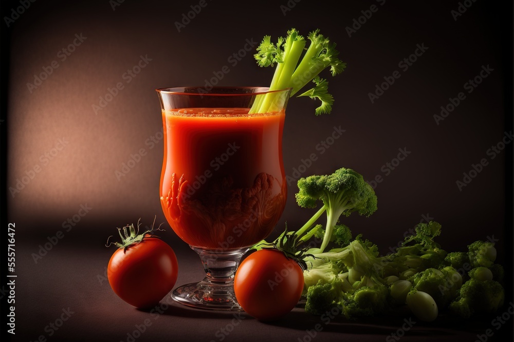 Aufkleber a glass of tomato juice with some vegetables around it and a dark background behind it., generative 